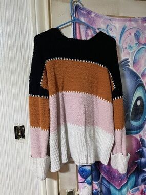 Cozy Colorblock Crewneck Sweater - Black, Rust, Pink, White